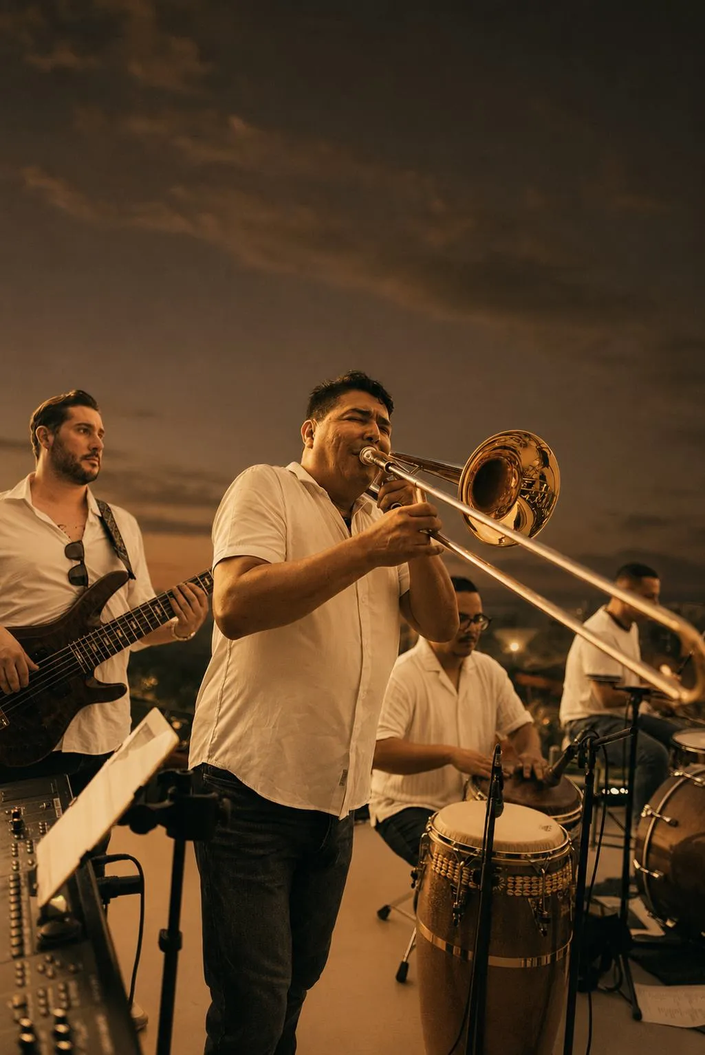 A live band playing at golden hour at a Nosara wedding, trombone and drums