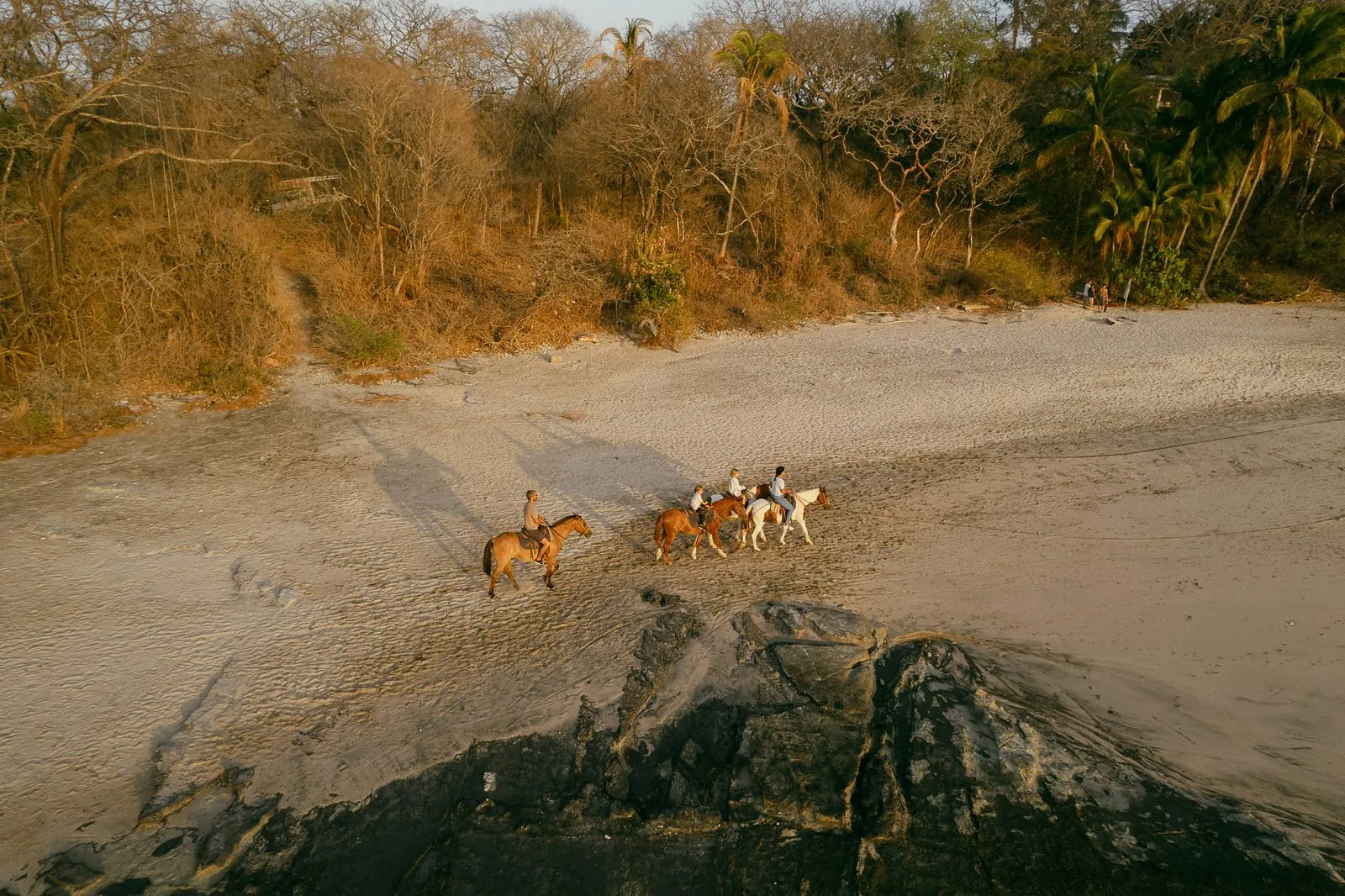 Riders on horseback along the sand at low tide in Nosara, seen from above