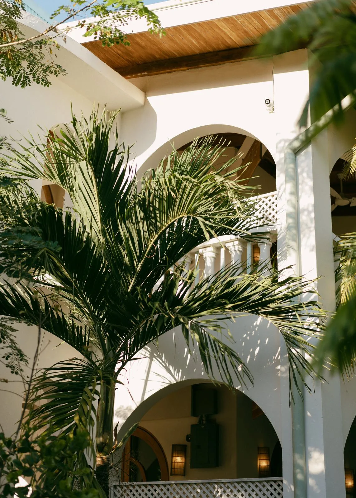 The arched terrace of a small Nosara property, palms filling the courtyard beyond